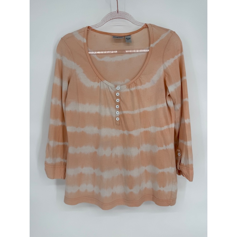 Chico's Tie Dye Henley Top Peach White 3/4 Sleeve Button Neck Womens Sz 1